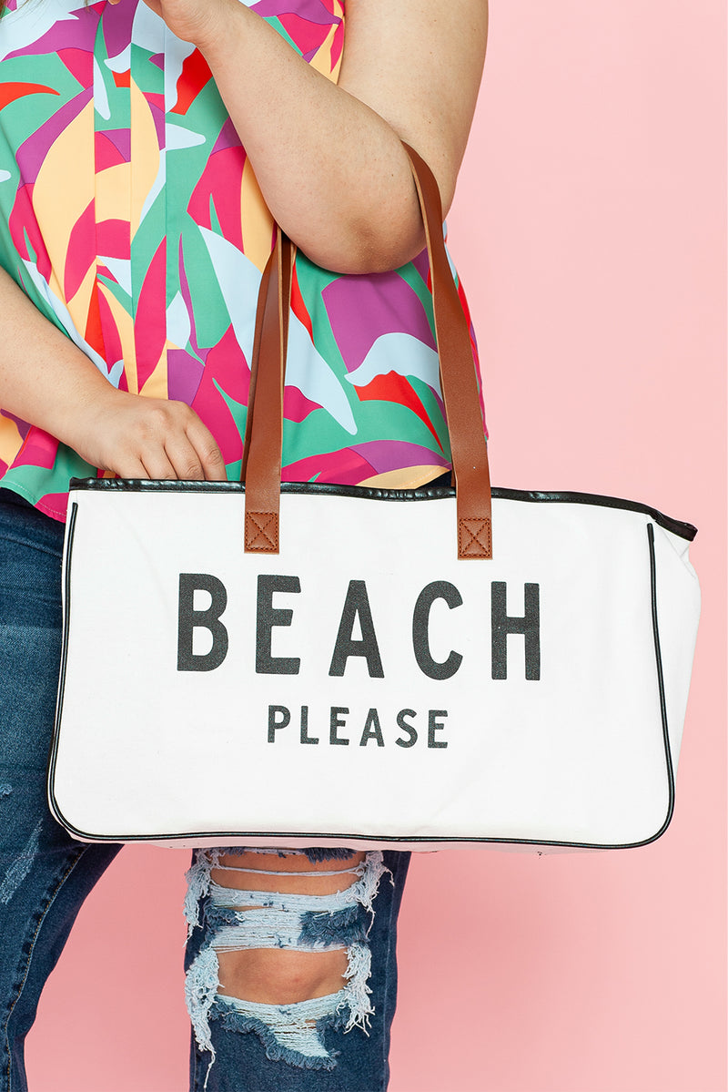 White BEACH PLEASE Print Large Canvas Tote Bag