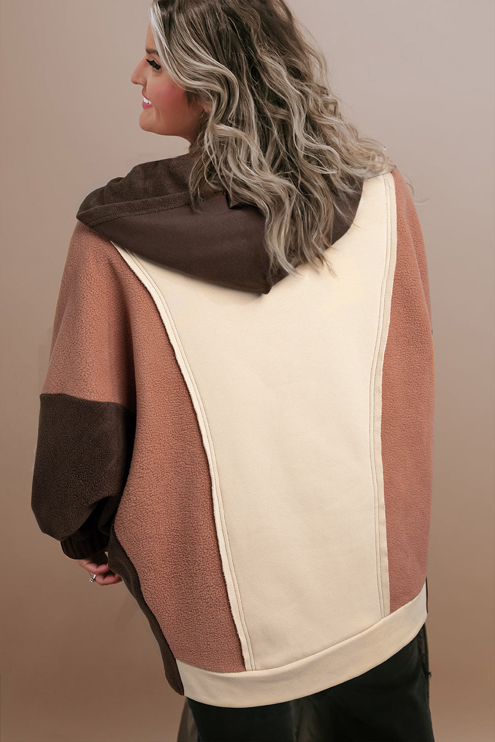 Brown Exposed Seam Colorblock Plus Size Hoodie