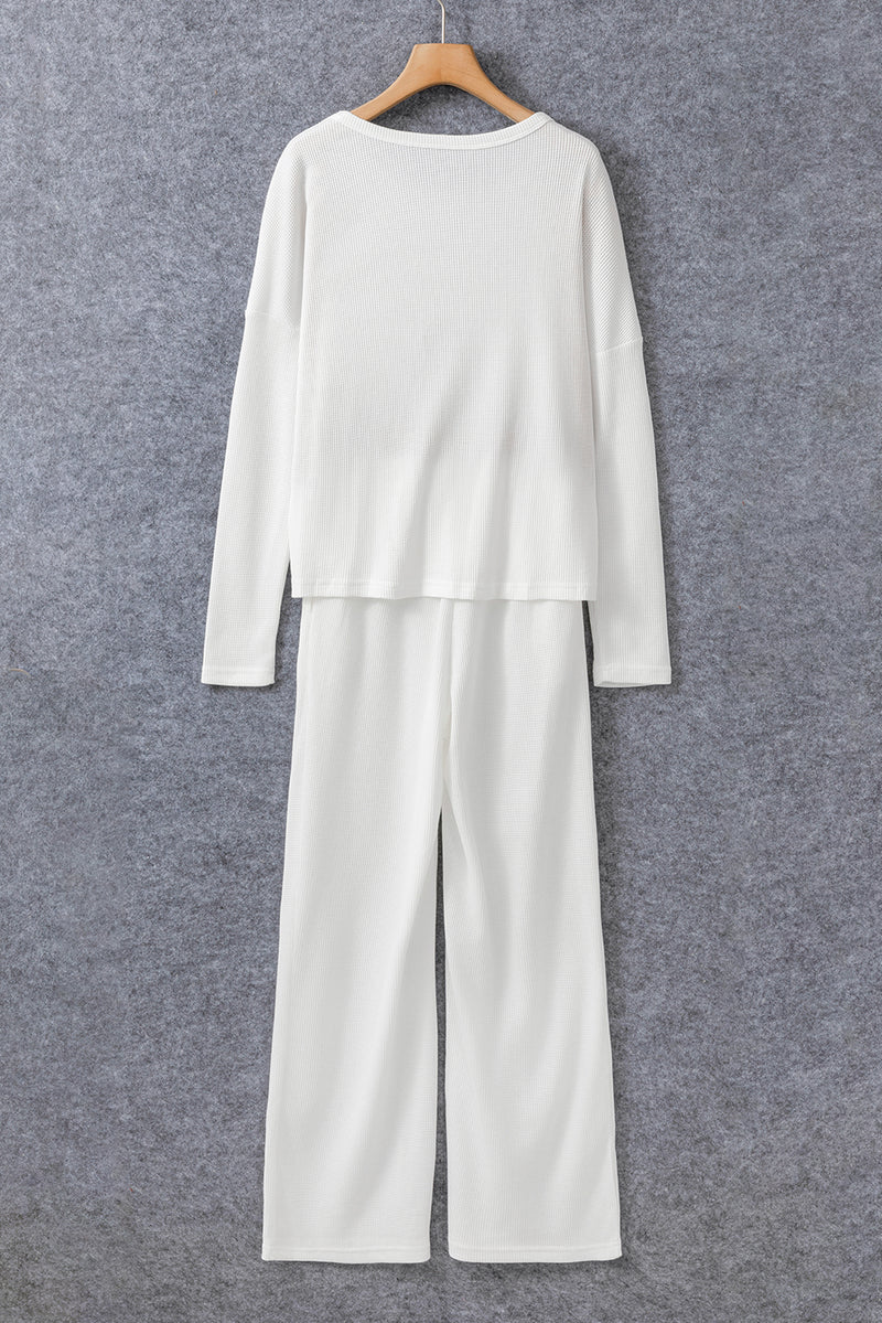 White Textured Long Sleeve T Shirt and Pants Lounge Set