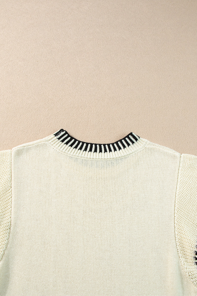 Beige Contrast Trim Round Neck Batwing Sleeve Knitted Top