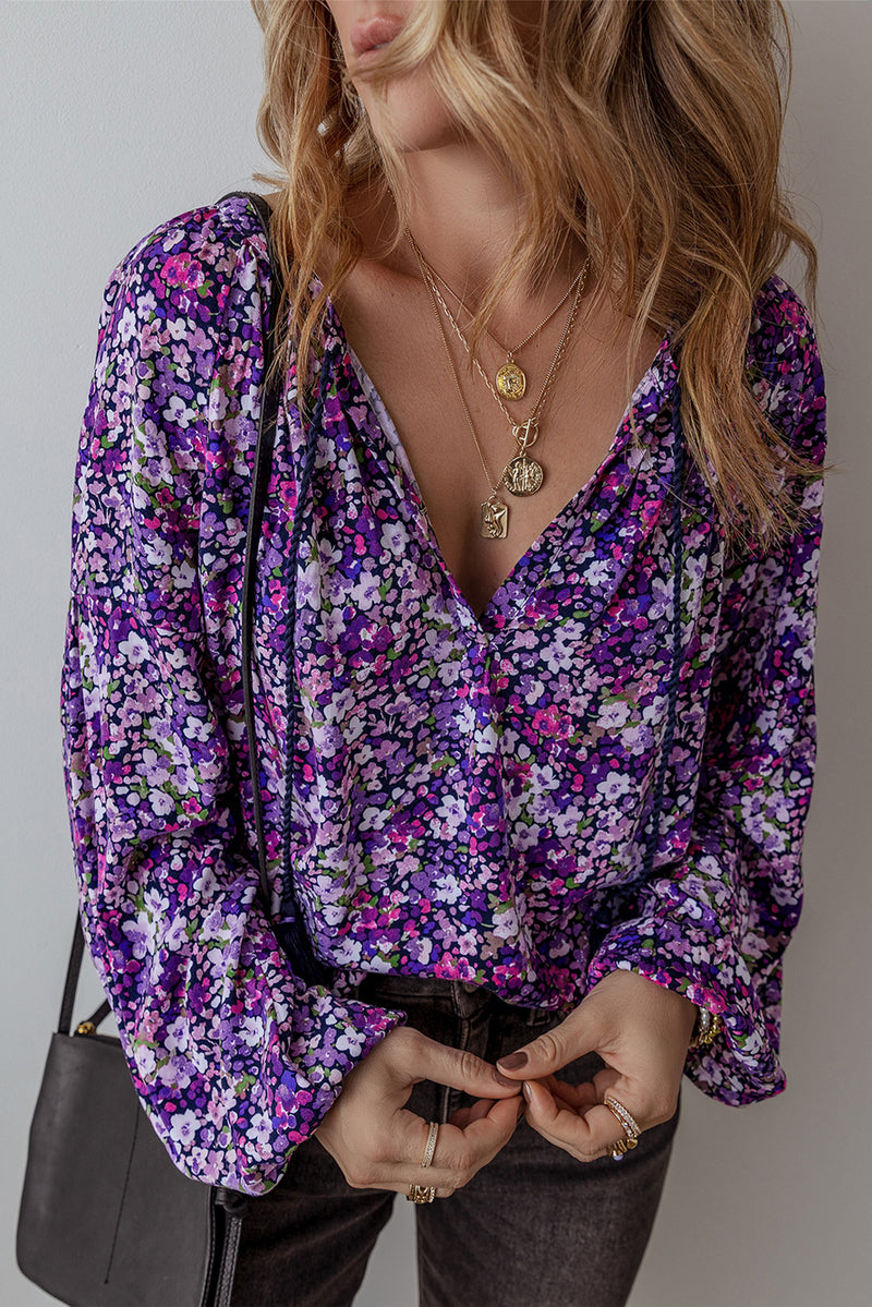 Purple Boho Flower Split V Neck Bubble Sleeve Blouse