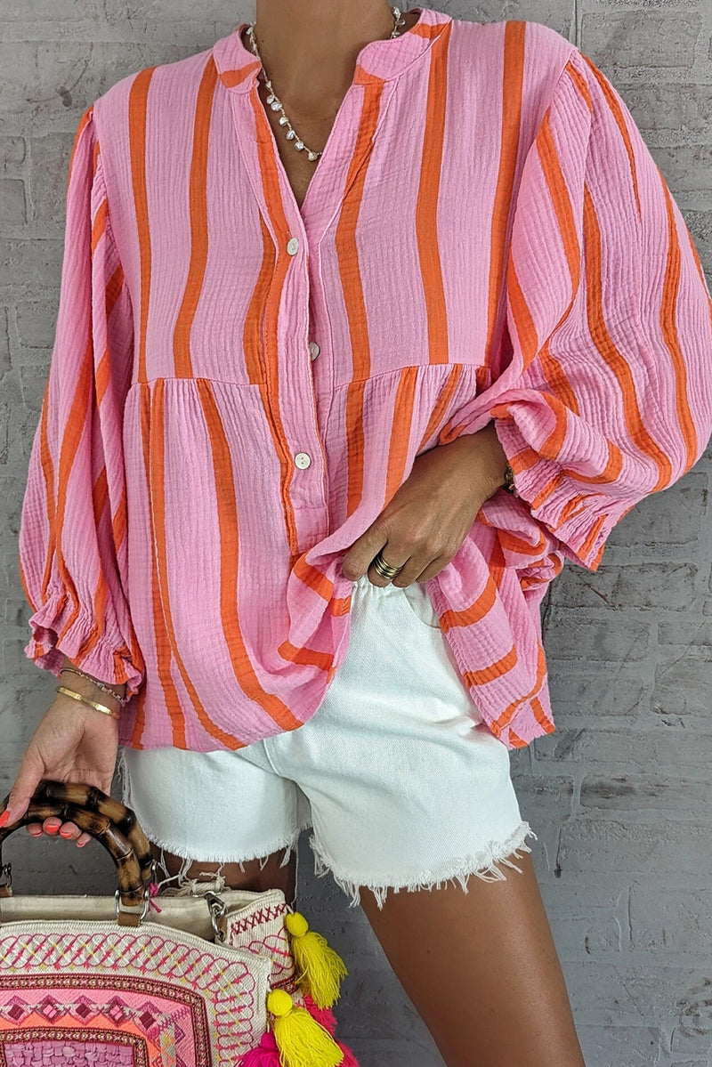 Orange Stripe Crinckled Ruffled Sleeve Button up Loose Shirt