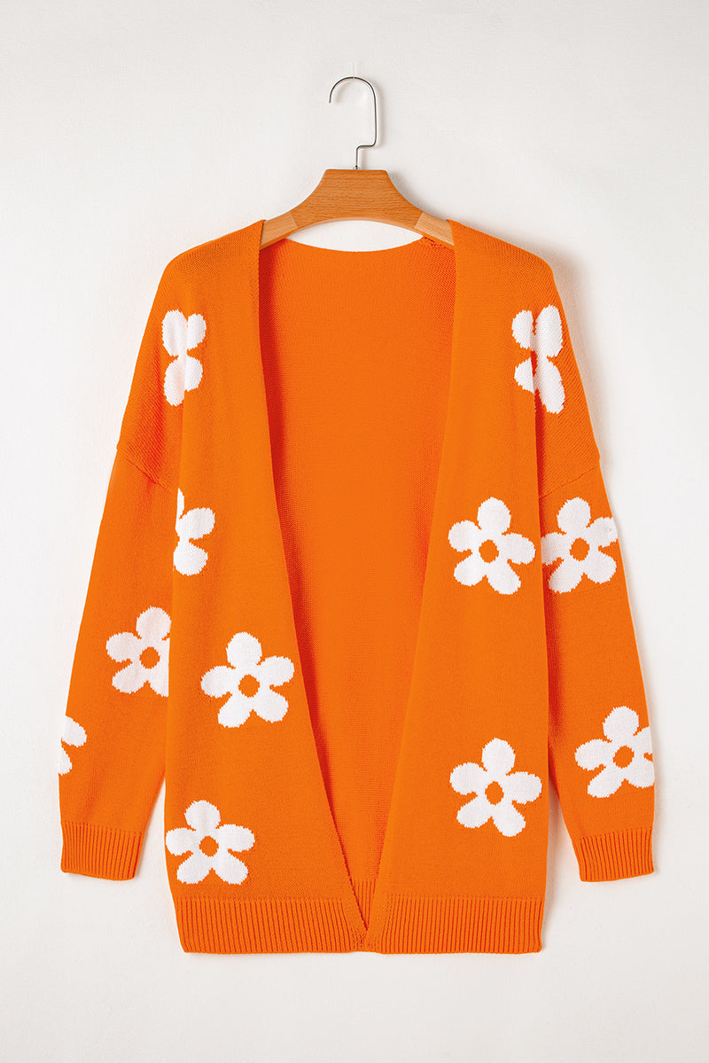 Orange Floral Print Knitted Open Front Loose Cardigan