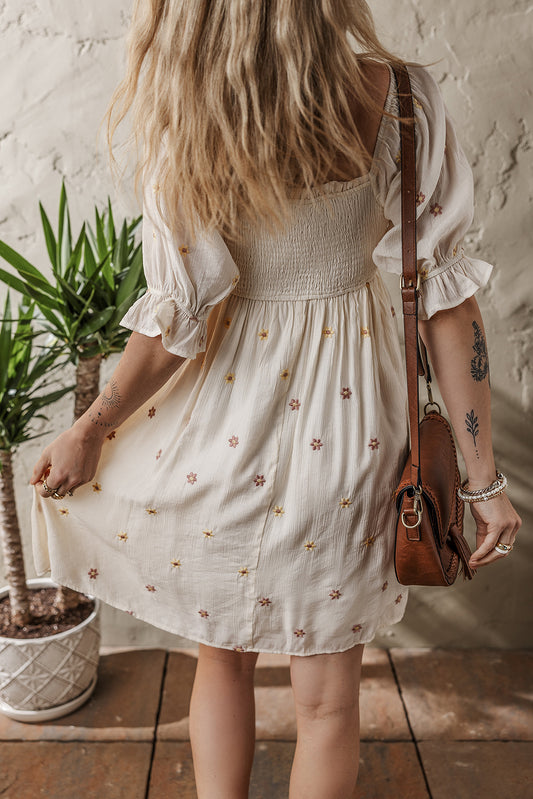 Beige Embroidered Flower Smocked Bust Half Puff Sleeve Empire Waist Textured Flowy Dress