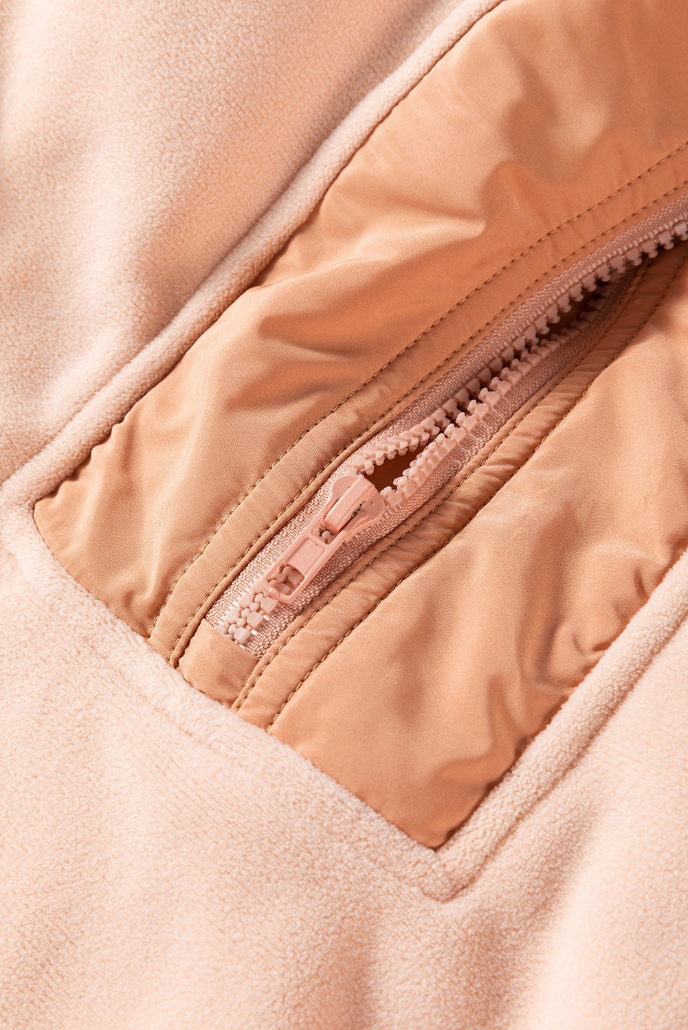 Light French Beige Colorblock Patchwork Half Zip Oversized Sherpa Hoodie