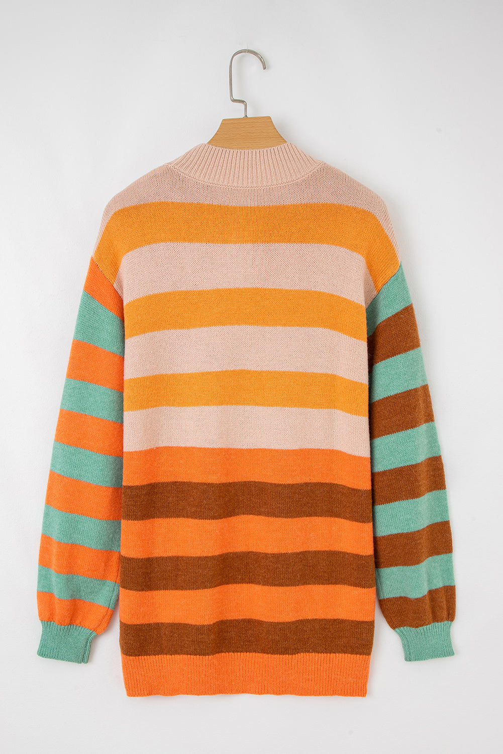 Orange Stripe Color Block High Neck Drop Shoulder Cozy Sweater