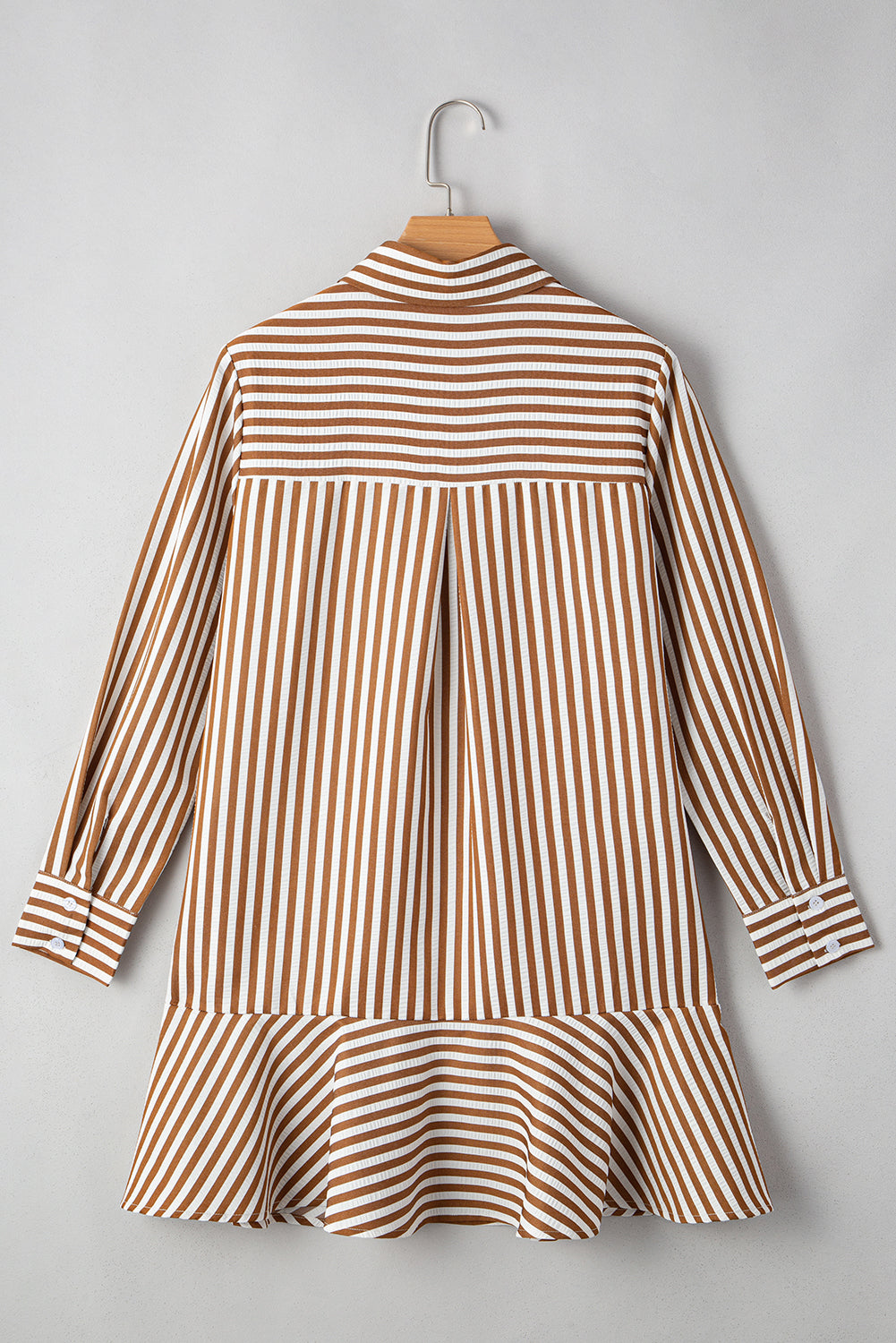 Brown Stripe Ruffled Hem Collared Long Sleeve Shirt Mini Dress