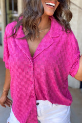 Bright Pink Lapel Neck Checkered Textured Short Sleeve Shirt