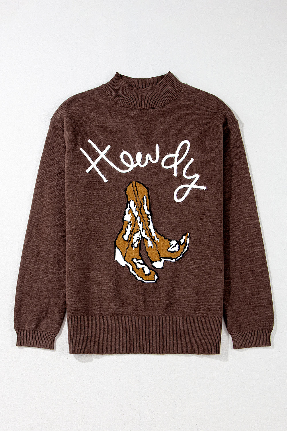 Coffee Western Howdy Boot Graphic High Neck Sweater