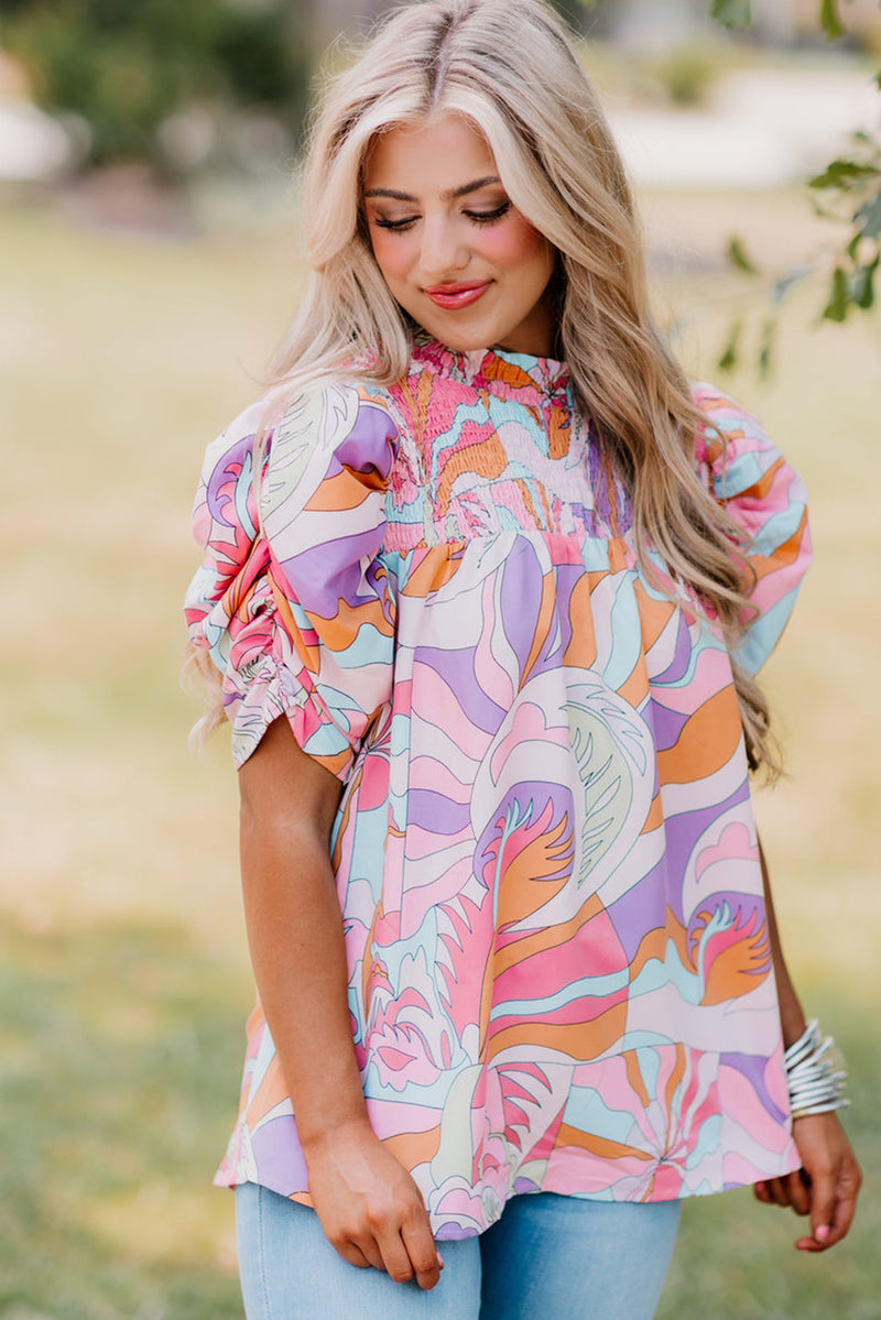 Pink Abstract Print Bubble Sleeve Smock Detail Blouse