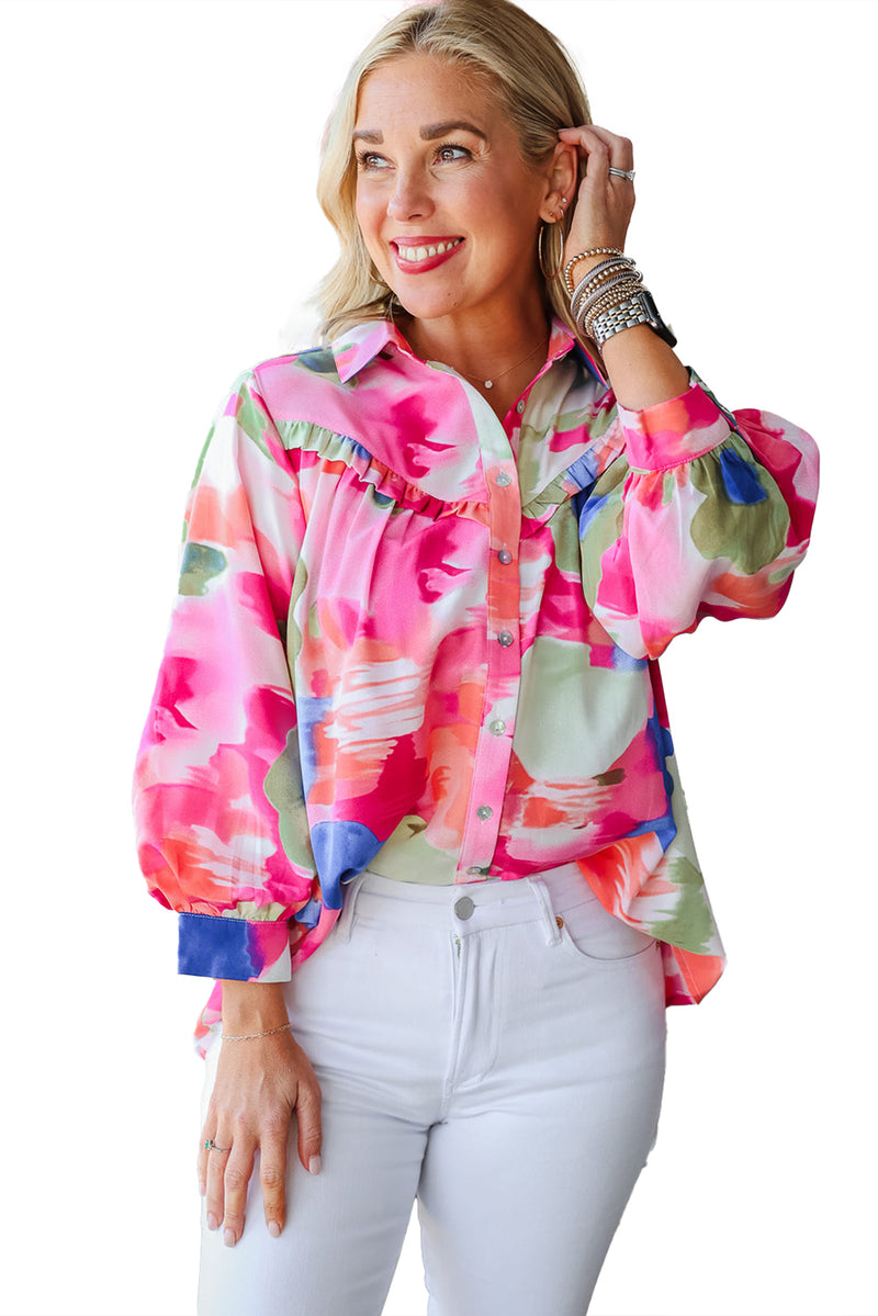 Multicolour Abstract Printed Lantern Sleeve Frilled Button Front Collared Shirt