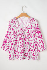 Rose Leopard Print Ruched V Neck 3/4 Sleeve Blouse