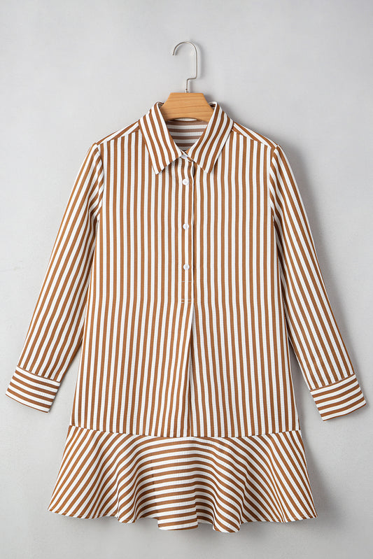 Brown Stripe Ruffled Hem Collared Long Sleeve Shirt Mini Dress