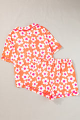 Orange Flower Print Short Sleeve Shirt Pajamas Set