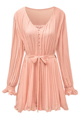 Pink Pleated Ruffled Tie Waist Buttons V Neck Romper