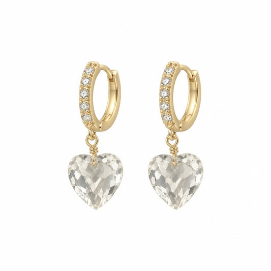 Crystal Heart Charm Earrings - Gold